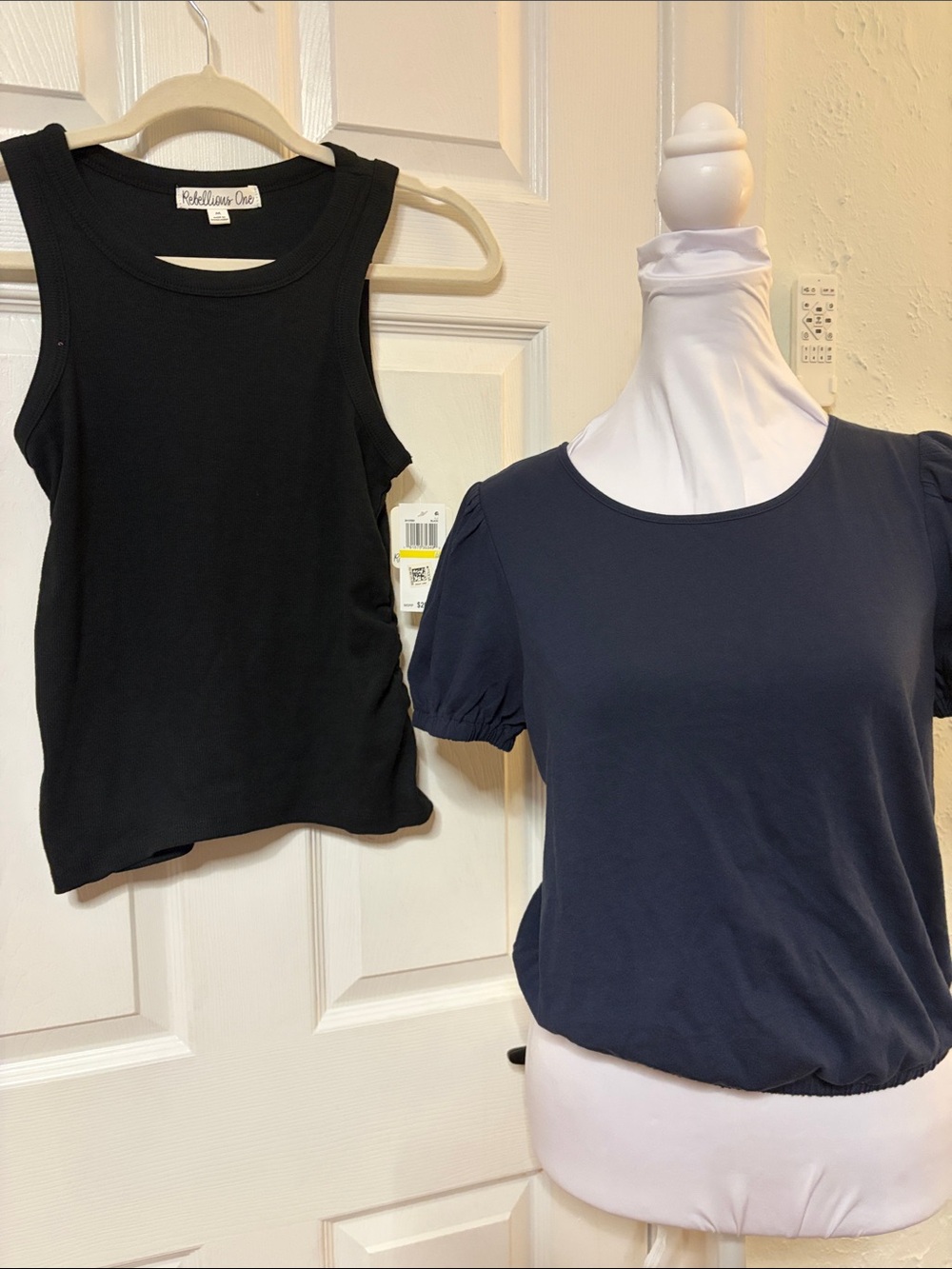 Rebellious One Black Rib Tank with Navy Puff-Sleeve Top